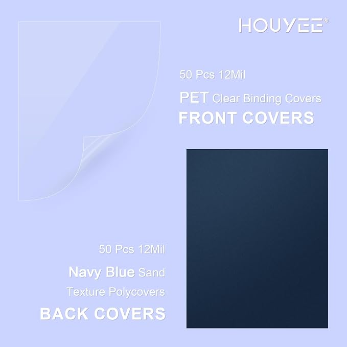 HOUYEE 100 Pack Binding Covers and Backs Set, 8.5x11 Inches, Letter Size | 50Pcs 12Mil PET Ultra Clear Binding Covers, 50Pcs 12Mil Navy Blue Plastic Sand Texture Polycovers, For Office School