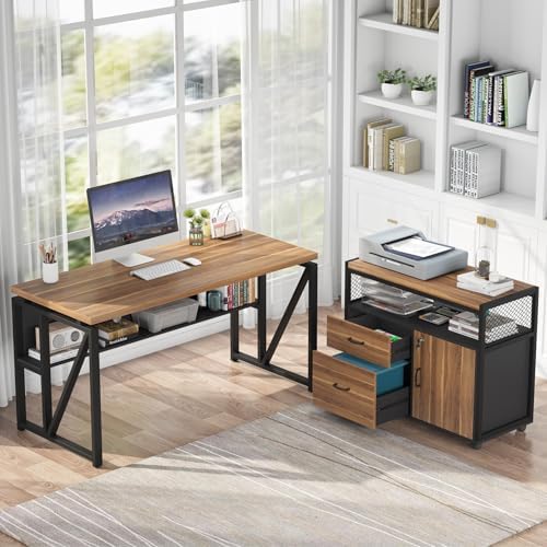 Tribesigns 55-inch L Shaped Desk with Drawer Cabinet, Executive Computer Desk and lateral File Cabinet, 2 Piece Home Office Furniture with Drawers for Hanging File, Doors with Locks (Brown, 55 inches)