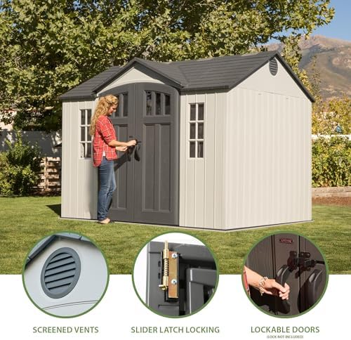 Lifetime 10×8 Ft. Outdoor Storage Shed, Dual‑Wall HDPE with Steel‑Reinforced Structure, Side‑Entry Doors with Windows, Skylight, Screened Vents, Adjustable Shelves, Slip‑Resistant Floor, UV‑Protected