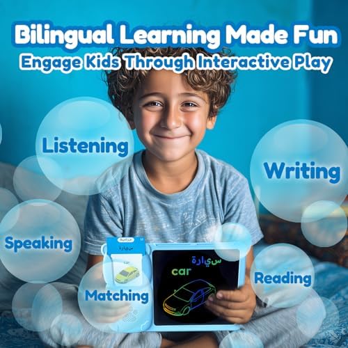 Writing Tablet with Bilingual Flash Cards for Kids, Arabic, Blue