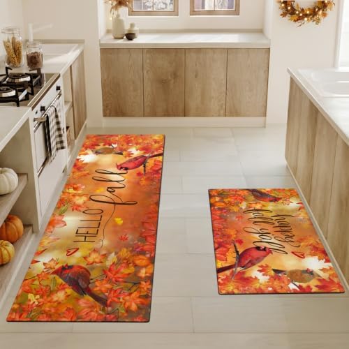 Cardinal Maple Leaves Fall Kitchen Rugs and Mats Set of 2, (17"x47"+17"x30") Thanksgiving Autumn Harvest Farmhouse Non Skid Washable Runner Rug for Home Decor Decorations and Accessories