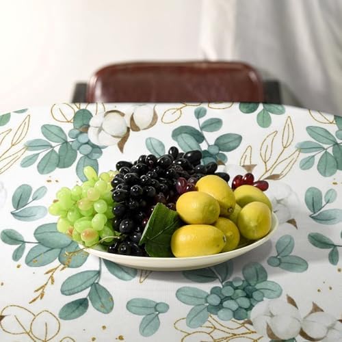 Cotton Flowers Tablecloth, Watercolor Summer Green Golden Eucalyptus Leaves Floral Print Table Cloth for Outdoor Picnic Home Dining Kitchen Table Decor 60x110in