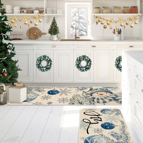 JarThenaAMCS Winter Christmas Kitchen Mats Blue Snowman Xmas Ball Snowflake Welcome Floor Mat Non-Slip Door Rugs for Indoor Outdoor Bathroom, 17 x 29 Inch & 17 x 47 Inch
