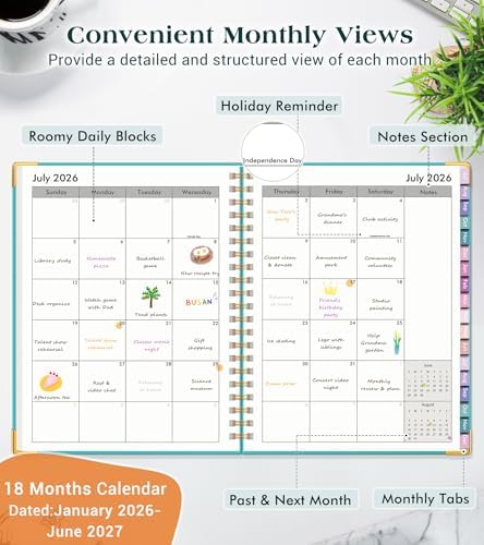 Academic Planner 2026-2027, 18 Months Weekly and Monthly Hardcover Planner, July 2026 - December 2027, 8.5" x 11" A4 Large Daily Calendar Planner Book with Tabs, Spiral College School Agenda Organizer for Student Teacher, Pacific Green