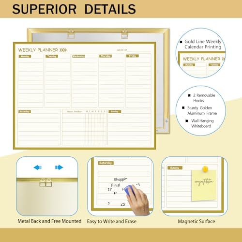 Gold Weekly Dry Erase Board for Wall,12"x16",Gold Metal Frame Weekly Planner Whiteboard for to Do List, Memo, School, Home, Office, Kitchen-GZ