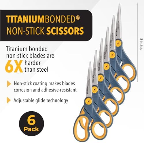 Westcott 8-Inch Non-Stick Titanium Scissors For Office and Home - Glide Adjust Technology - Grey/Yellow Craft, Fabric Scissors - 6 Pack