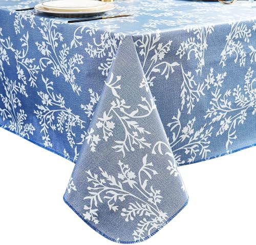 LIBERECOO Vinyl Tablecloth with Flannel Backing –Indigo Botanical Charm, Waterproof, Wipeable, Durable Table Cover – 4 Colors