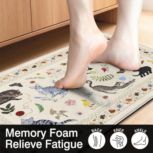Boho Cushioned Anti Fatigue Mats for Kitchen Floor,Farmhouse Beige Floral Animal Cat Non-Slip Water Resistant Runner Comfort Foam Standing Rugs Non Skid for Home Sink,Office,Laundry 17"x47"+17"x30"