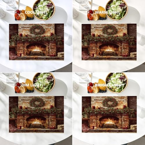 Batmerry Vintage Christmas Placemats, Cozy Fireplace Scene Washable Linen Table Mats for Kitchen Table Double Insulation Decor Dining Set Indoor Outdoor 12X18 in Set of 4