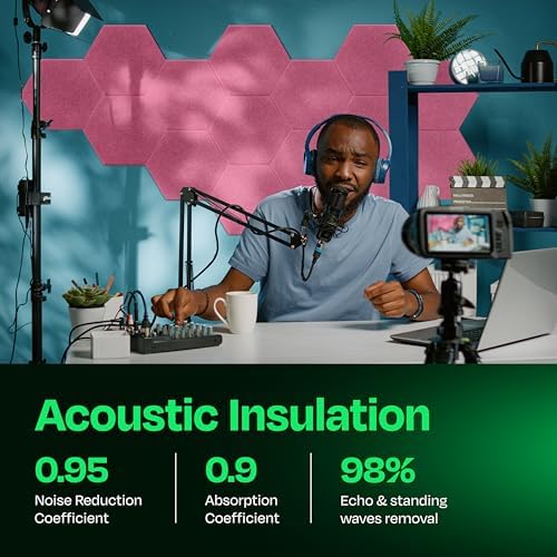 Acoustic Panels 12-Pack Soundproof Wall Panels 14"X12.1"X0.4" Sound Panels High Density Sound Dampening Panels - [Chic Pink Hexagon]
