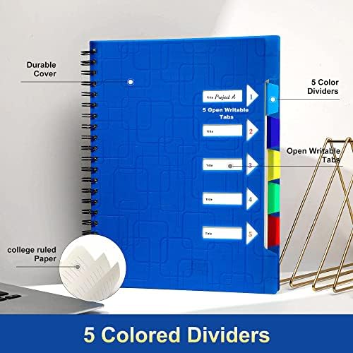 CAGIE 5 Subject Notebook With Tabs Dividers, Black, 8.5x11, College Ruled