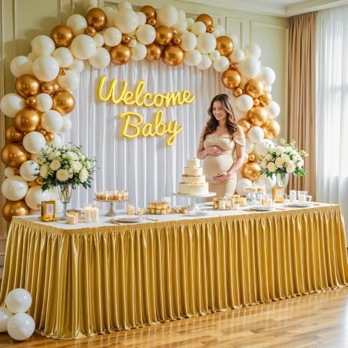 Wish Care 21ft Gold Satin Table Skirt for Rectangle Tables Wrinkle Free Teacher Desk Skirt Glitter Ruffle Table Skirting Cloth for Back to School Classroom Office Cocktail Birthday Party Table Decor