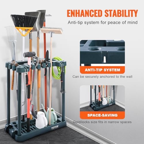 VEVOR Garden Tool Organizer, 10 Slots, Yard Tool Tower Rack for Garage Organization and Storage, Hold Long-Handled Tool/Rake/Broom/Shovel, PP Garden Tool Stand Holder Organizer for Yard, Shed, Outdoor