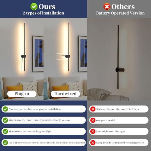 KELUOLY Dimmable Plug in Wall Sconce Set of 2,Black 39.37" LED Wall Light with Remote,Adjustable Color Temperature Brightness,Wall lamp with Timer for Living Room,Bedroom and Accent Lighting