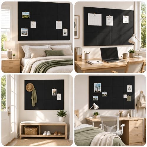 SIOLOC Felt Bulletin Board Tiles, 12 Pack Black Cork Board Alternative for Walls, Large Felt Wall Tiles, 48 x 36 in Oversized Wall Organizer for Home Office Classroom Dorm