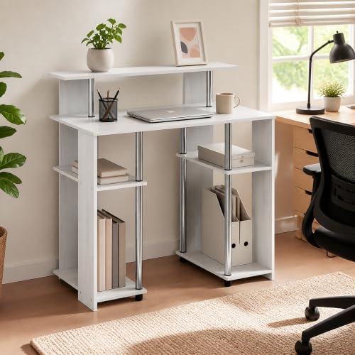 35.3 Wide Gaming Desk with Raised Hutch and Open Shelf, Simple Design Computer Writing Desk, Office Desk for Bedroom, Home Office, White Oak/Stainless Steel