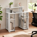 35.3 Wide Gaming Desk with Raised Hutch and Open Shelf, Simple Design Computer Writing Desk, Office Desk for Bedroom, Home Office, White Oak/Stainless Steel