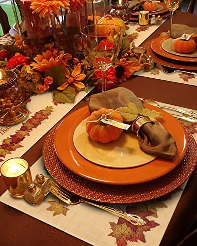 Vandarllin Thanksgiving Holiday Placemats Set of 6, Fall Harvest Pumpkins Cotton Linen Stain Resistant Table Mats Washable Placemat Decoration for Kitchen Dining Table,Autumn