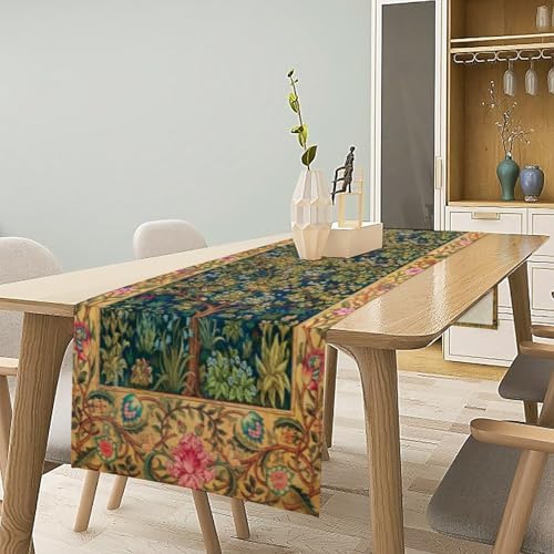 William Morris Table Runner, Boho Rustic Ethnic Tree of Life Flower Original Design Print Table Runner for Home Party Dining Room Kitchen Decor 13x90 Inch