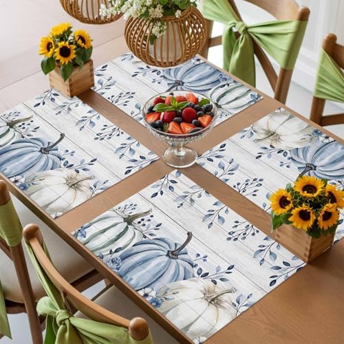 Fall Placemats Set of 4, Blue Pumpkin Place Mats White Blue Pumpkins Eucalyptus Wooden Tablemats Harvest Thanksgiving Placemat Table Decoration for Kitchen Table Holiday Dinner Party Autumn Home Decor