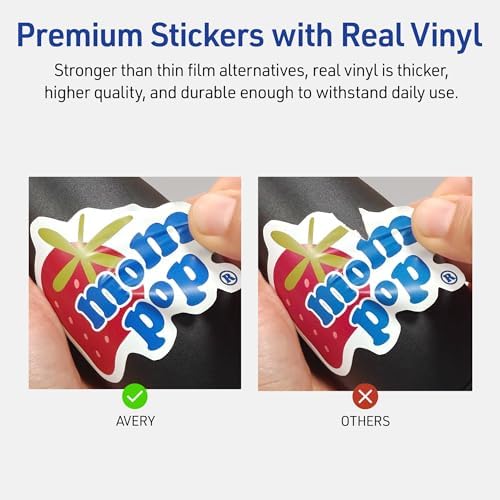 Avery Printable Vinyl Sticker Paper, 8-1/2" x 11", Matte White, Permanent Adhesive, Laser Printer Compatible, 7 Sheets Total, Ideal for Decal Stickers, Giveaways, Decals for Water Bottles, and More