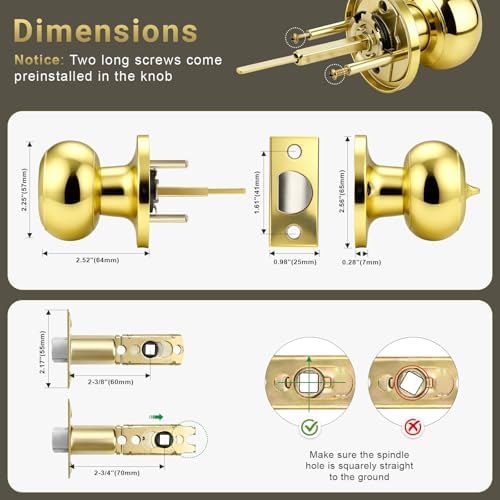 KNOBWELL 6 Pack Privacy Door Knob for Bathroom or Bedroom Door Knobs, Round Interior Door Knobs, Indoor Door Knob, Keyless Door Knob with Lock, Door Handle Lock, Polished Brass
