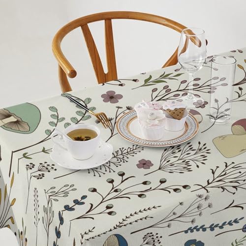 Mushroom Tablecloth, Boho Floral Rustic Wildflower Herbs Plants Colorful Botanical Green Leaves Print Table Cloth for Kitchen Dining Picnic Party Restaurant Decoration 60x90in