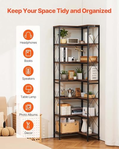 VEVOR 7 Tier Corner Bookshelf, 79" Tall Corner Bookcase with Heavy Duty Metal Frame & Wooden Shelves, Industrial Reversible L Shaped Corner Display Shelf for Bedroom, Living Room, Office