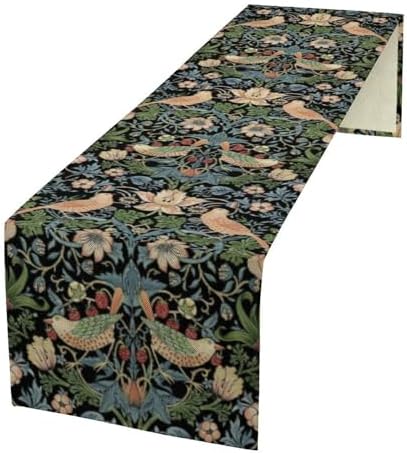 William Morris Floral Table Runner, Strawberry Thief Birds in Green and Blue Table Runner for Home Kitchen Dining Table Decoration,13x120 Inch