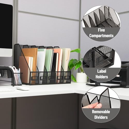 Mind Reader 5-Compartment Vertical File Organizer, Desktop Paper Sorter, Office, Metal Mesh, Black
