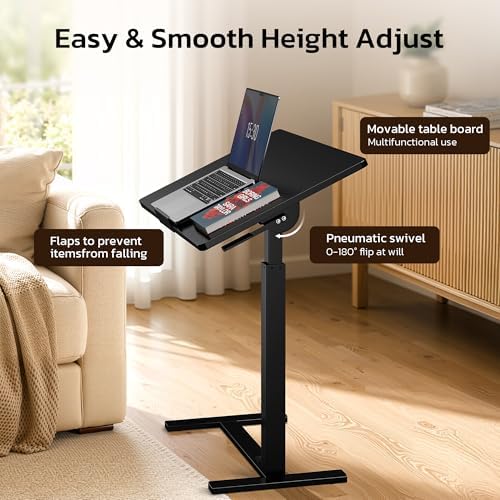 Mobile Standing Desk Adjustable Overbed Table, Pneumatic Height Adjustable Rolling Laptop Desk with Hidden Wheels, 0-180°Tilt Top Rolling Computer Cart Foldable for Home Office, Craft & Study, Black