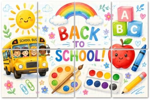 8 Pack Art Acoustic Panels Sound Absorbing Back to School School Bus Art Supplies Rainbow Elements Decorative Soundproof Wall Panels Self Adhesive for Home Recording Studios 48"x32"