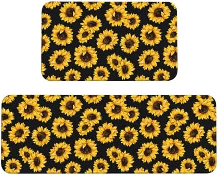 Lovely Sunflower Kitchen Floor Mat 2 Sets, Non Slip Rugs Absorbent Mats for Floor Countertop Office Home, Sunflower Indoor Outdoor Decor Doormat 17" x 29.5" + 17" x 47"