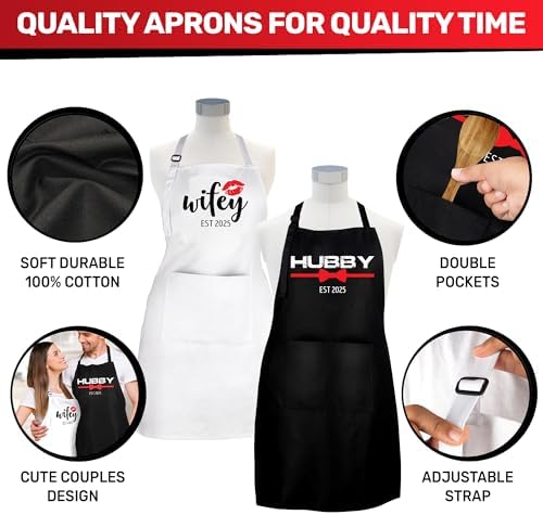 Prazoli Products Mr Mrs Apron Set - Engagement Gifts, Wedding & Bridal Shower Gifts for Couple (Hubby & Wifey Est: 2025, Standard)