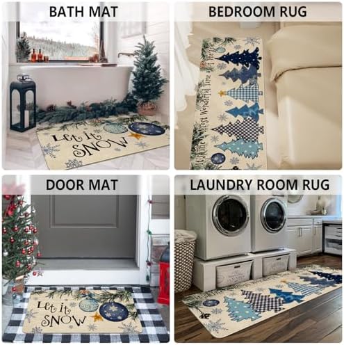 Winter Kitchen Rugs and Mats Set of 2,Let It Snow Blue Christmas Pine Trees Balls Ornament Snowflakes Winter Holiday Sink Mat Non Skid Washable for Home Farmhouse Floor Decor 17"x47"+17"x30"