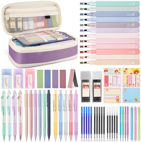 DazSpirit 62PCS Aesthetic Stationery Set with Foldable Pencil Case, Purple