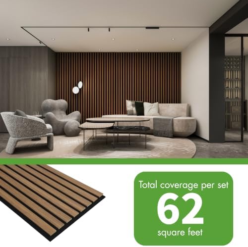 Art3d 8-Pack 12" x 93" Soundproof Wood Slat Panels, 62 sq.ft Acoustic Wall Panels, 3D Wall Panels with Wood Slat Design, Decorative Wood Wall Panel for Accent Walls-Deep Walnut