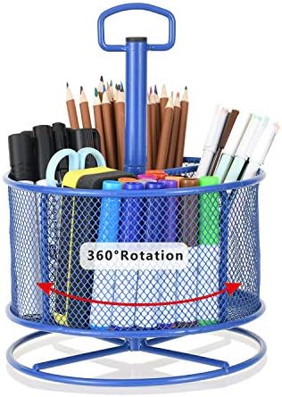 Marbrasse Mesh Desk Organizer, 360-Degree Rotating Multi-Functional Pen Holder, 4 Compartments Desktop Stationary Organizer, Home Office Art Supply Storage Box Caddy (Blue)