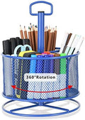 Marbrasse Mesh Desk Organizer, 360-Degree Rotating Multi-Functional Pen Holder, 4 Compartments Desktop Stationary Organizer, Home Office Art Supply Storage Box Caddy (Blue)