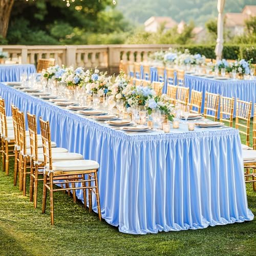 Wish Care 9ft Baby Blue Satin Table Skirt for Rectangle Tables Wrinkle Free Teacher Desk Skirt Glitter Ruffle Table Skirting Cloth for Back to School Classroom Office Dorm Birthday Party Table Decor
