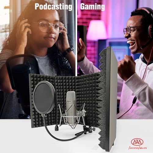 AxcessAbles Large 32x13 Recording Studio Microphone Isolation Shield w/ 3 Tier Tripod Stand and Pop Filter | Portable Sound Isolation Booth | Reflection Filter Shield | Studio Microphone Stand