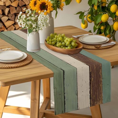Green Brown Wood Grain Table Runner Dresser Scarf 13 x 108 Inch Vintage Mottled Board Striped Farm Table Runners Non-Slip Heat Resistant Kitchen Dining Table Decor for Home Holidays Indoor Outdoor