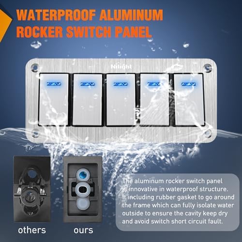 Nilight 5 Gang Rocker Switch Panel 3 Pin On Off Pre-Wired Blue LED