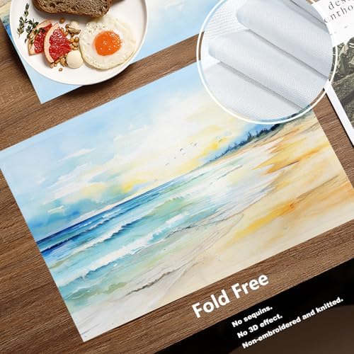 Batmerry Beach Scene Linen Placemats Set of 8, Serene Ocean View Washable Table Mats for Kitchen Table Thickened Heat Insulation Dining Set Indoor Outdoor 12X18 in