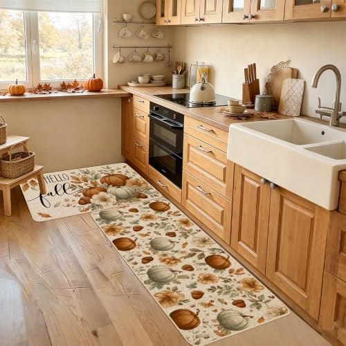 Baccessor Fall Floral Pumpkin Kitchen Rugs Set of 2,Thanksgiving Day Autumn Acorn Farmhouse Mats Washable Non Slip Low-Profile Indoor Floor Holiday Hallway Laundry Sink Decor 17x29 and 17x47 Inch