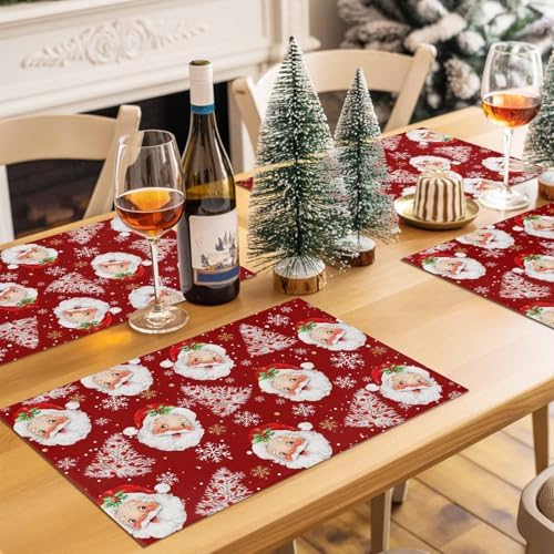 Red Christmas Placemats Set of 6, Santa Claus Merry Christmas Tree Heat Resistant Washable Table Place Mats Winter Snowflake Cotton Table Linens Party Holiday Decor for Kitchen Dining Outdoor Indoor
