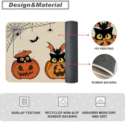 Baccessor Halloween Kitchen Mats Set of 2, Pumpkin Black Cat Bat Spider Web Boo Kitchen Rugs for Floor Low-Profile Farmhouse Fall Halloween Party Home Decor 17x29 and 17x47 Inch