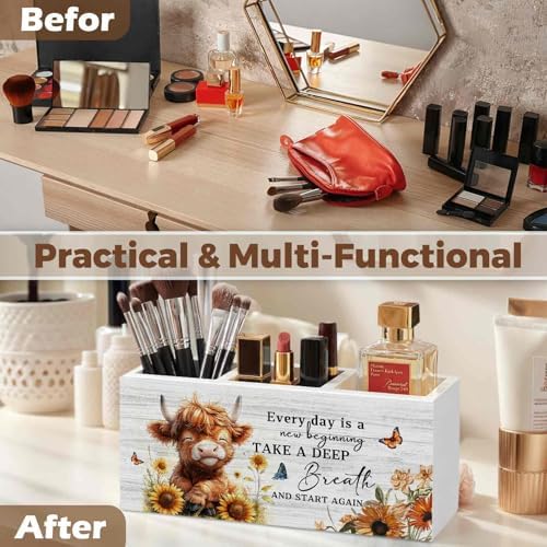 Motivational Highland Cow Pencil Pen Holder for Desk Organizer, Highland Cow Gifts, Farmhouse Highland Cows Nursery Wooden Box Decorations for Home Office Kids Room Desk Tabletop Decor