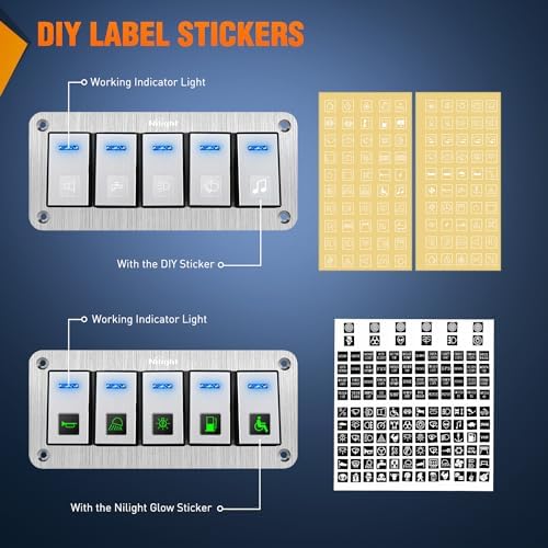 Nilight 5 Gang Rocker Switch Panel 3 Pin On Off Pre-Wired Blue LED