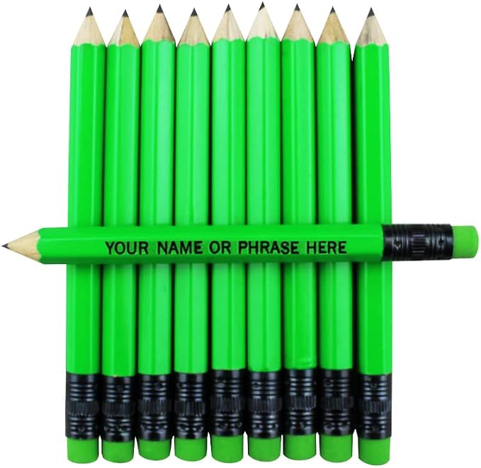 EZPENCILS & GIFTS - Golf Pencils Tipped with Eraser (1/2 a Pencil - Pew Pencils) - Neon Green Colored Barrel - FREE-PERSONALIZATION - 2HB Black Lead - Custom Text - Non-Smear Eraser – Package of 20